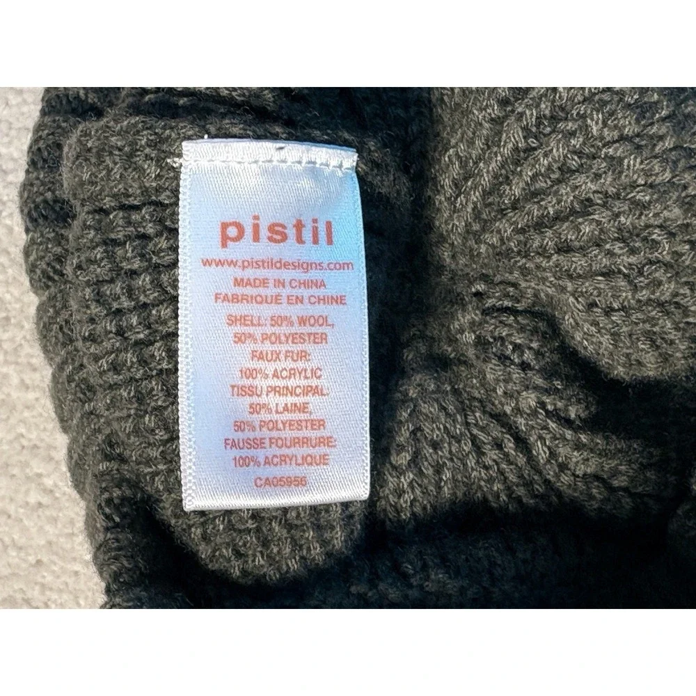 Pistil Olive Green Wool Blend Knit Pom Beanie Faux Fur Cuffed Winter Hat